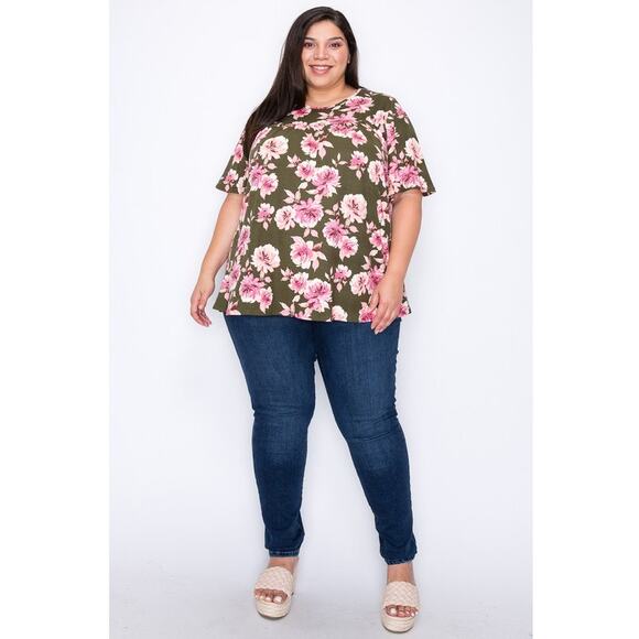 062 Curvy Lovey Shirred Flower Print Tunic Top in Olive - Picture 5 of 5